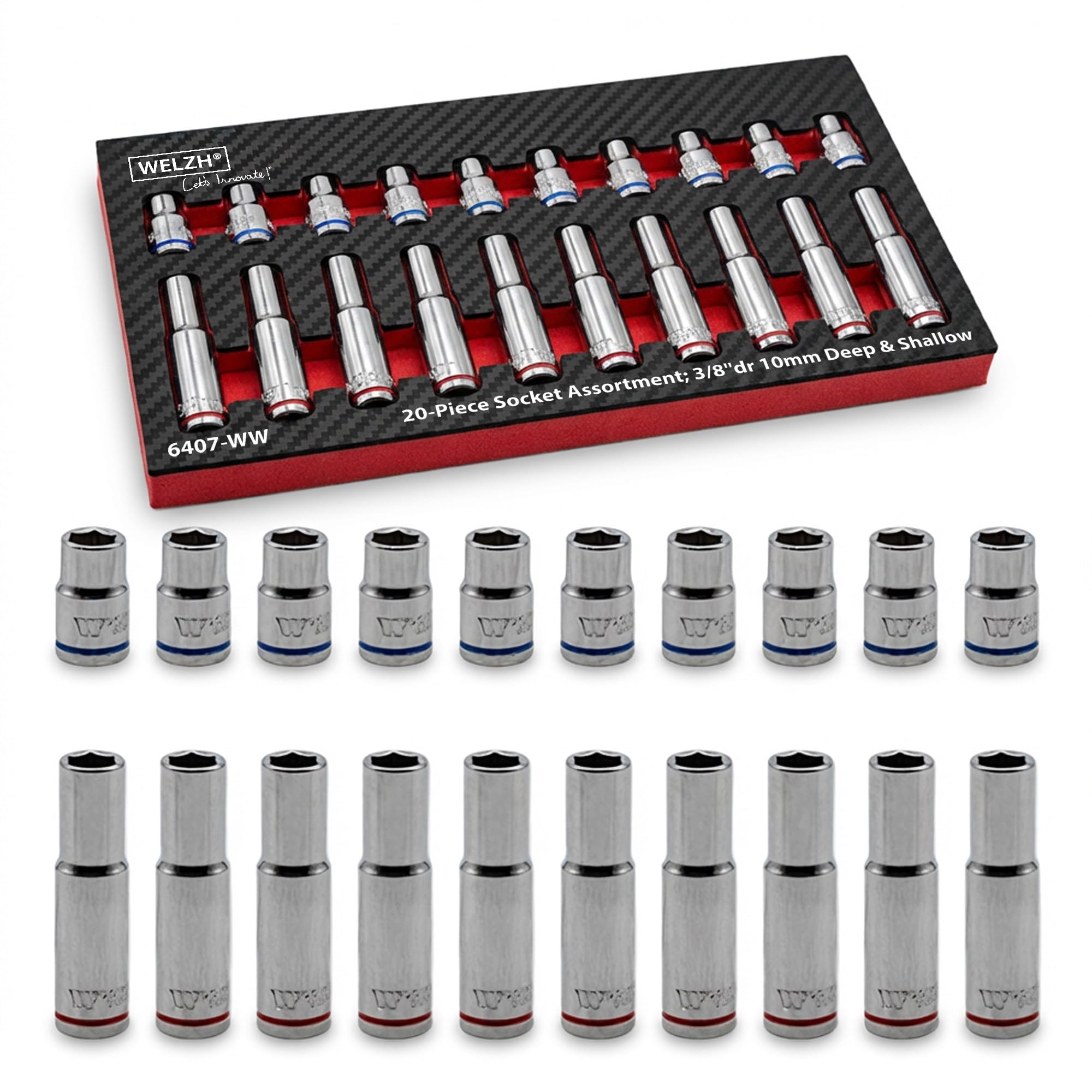 WELZH Socket Assortment 20pc 3/8in Drive 10mm Deep and Shallow